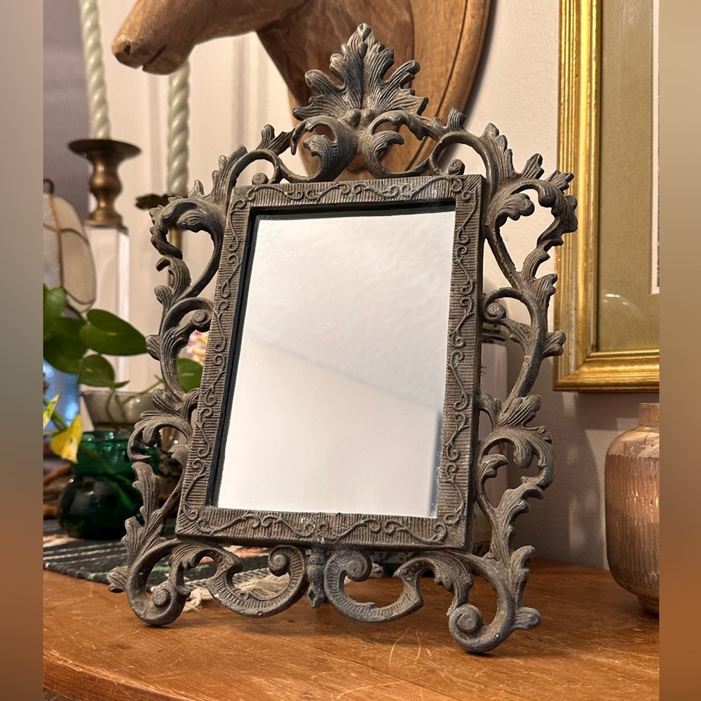 Vintage Ornate Cast Metal / Iron Scrollwork Tabletop Mirror / Frame